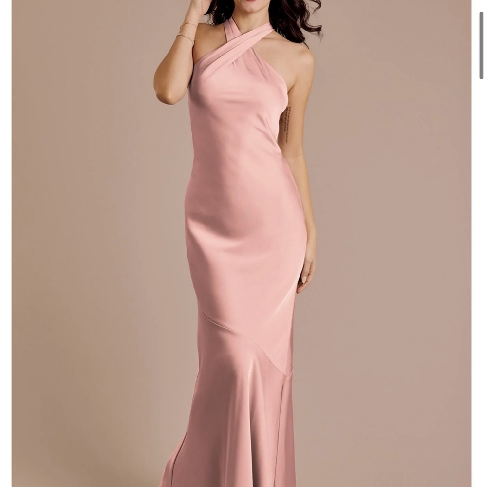 David's Bridal Blush Pink Cross-Neck Satin Maxi Dress